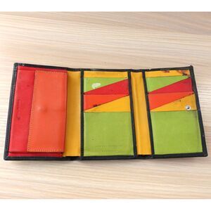 Black Leather Wallet Mini Trifold Italian Card Holder Colorful Clutch ITALY‎